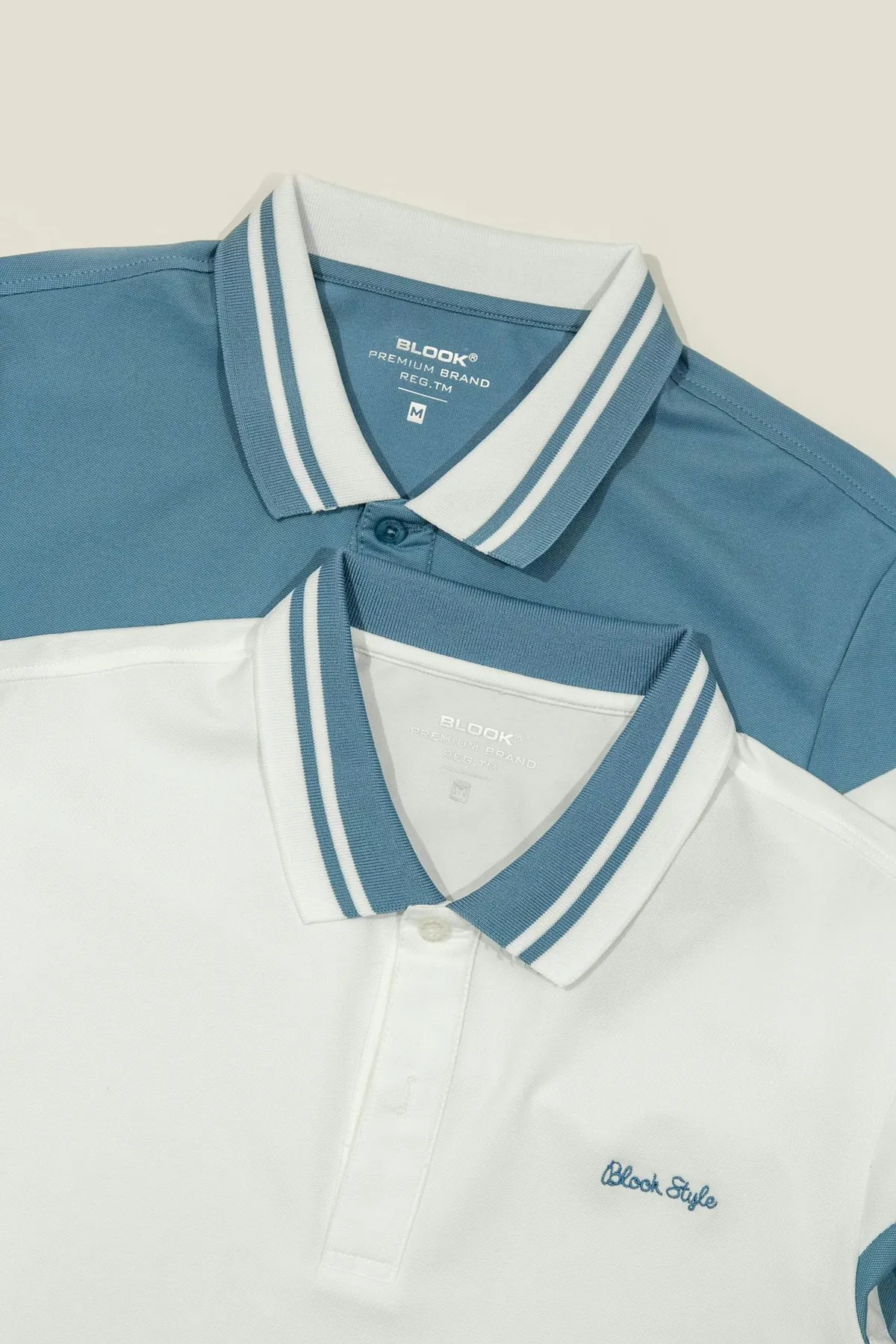 Polo T-Shirts: blue and white polo shirts with striped collars — reference photo from our export range