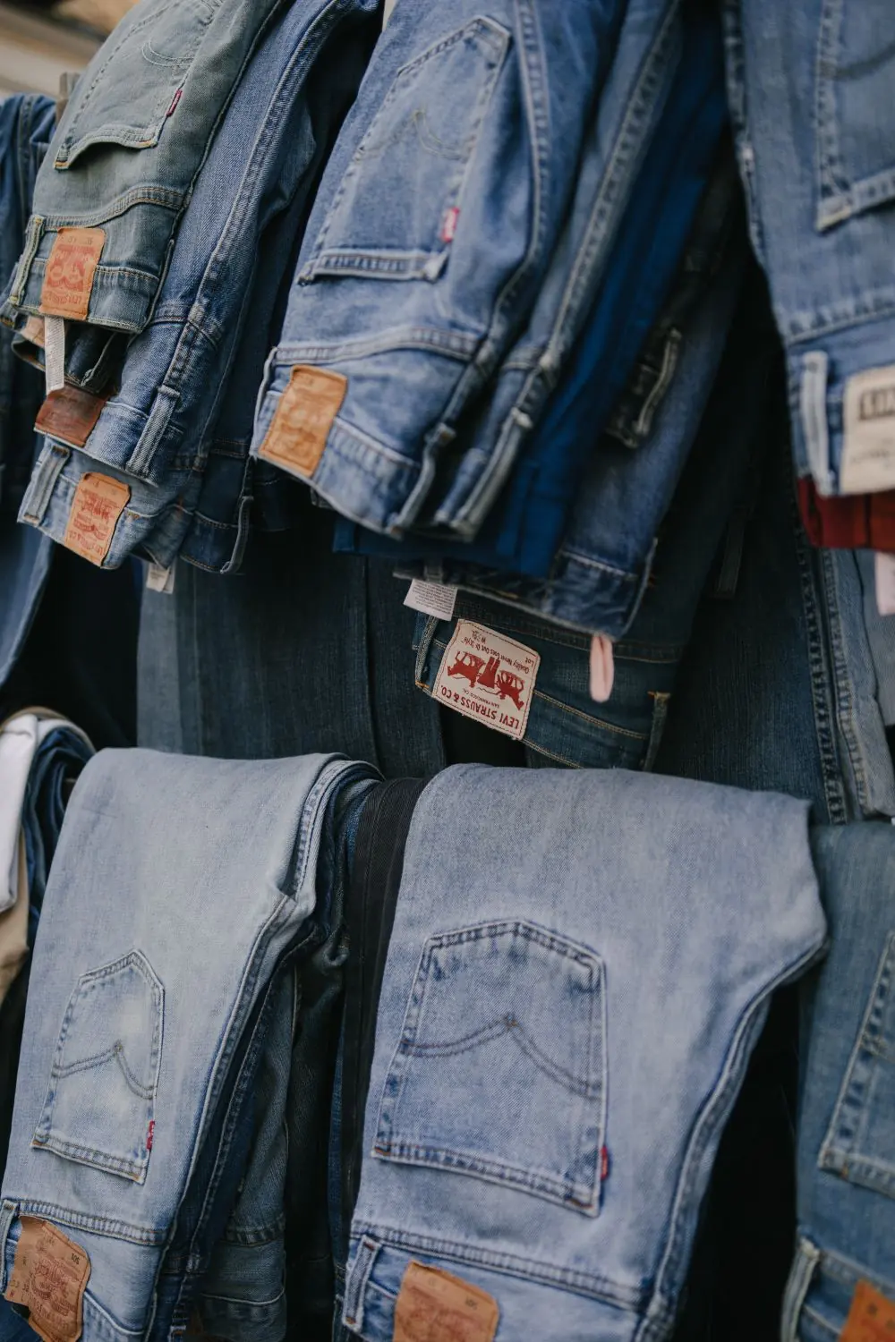 Reference photo 2: jeans and trousers hanging in a shop — trousers & cargo pants we manufacture and export in bulk to Saudi Arabia